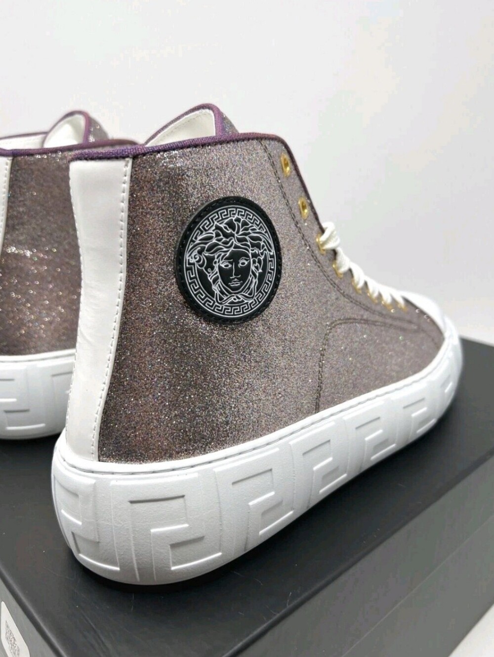 Versace Greca HighTop Plum Gold Glitter Sneakers Women's EU 39 / US Size 8.5 - Picture 6 of 10